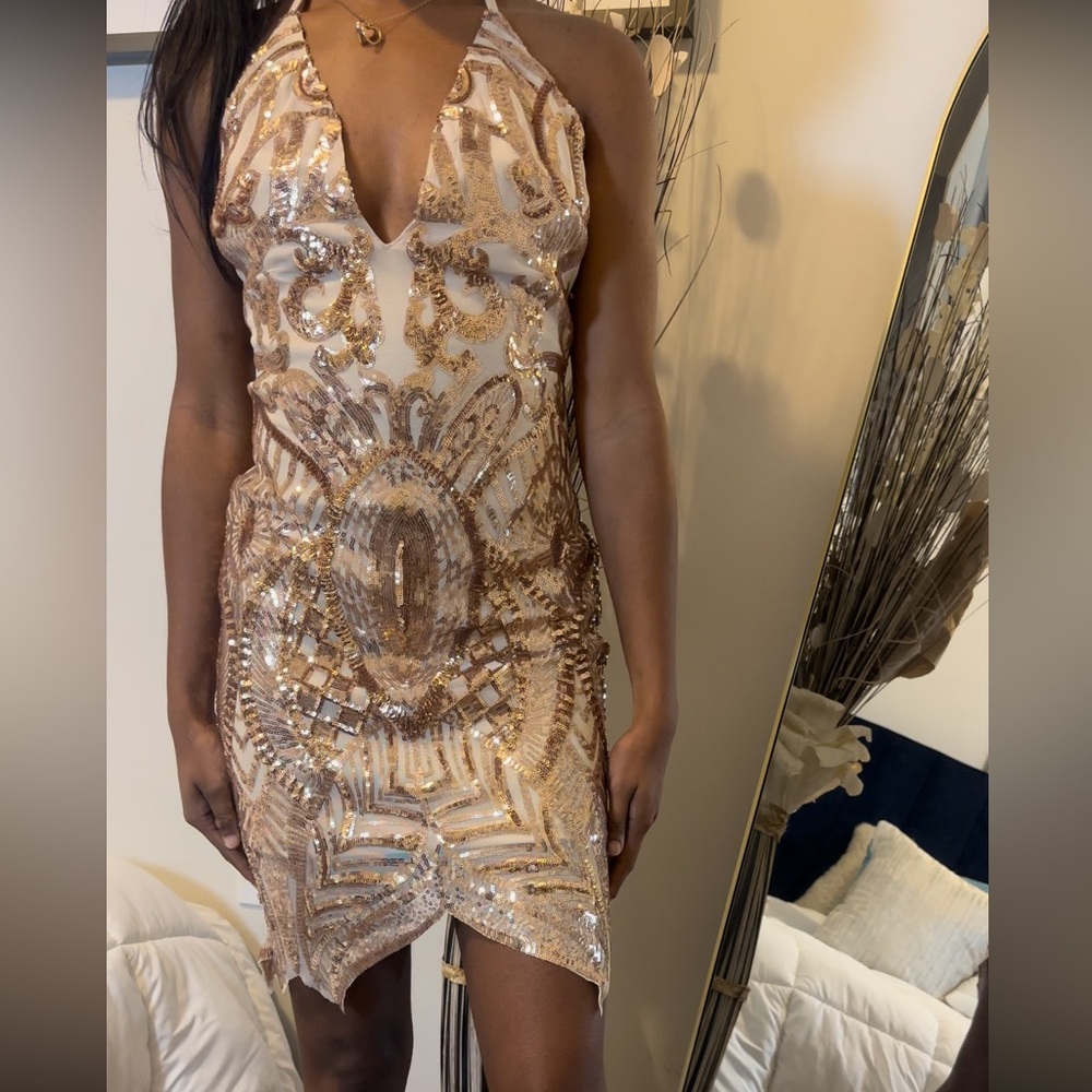 Sequin Embellished Dress in Gold and Cream